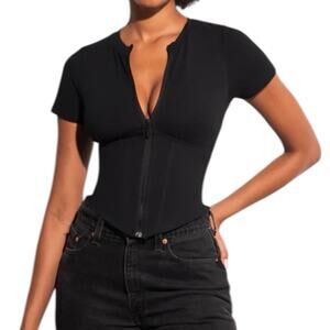 TA3 Short Sleeve Corset Top Black Full Zip Size Small Shapewear Slimming